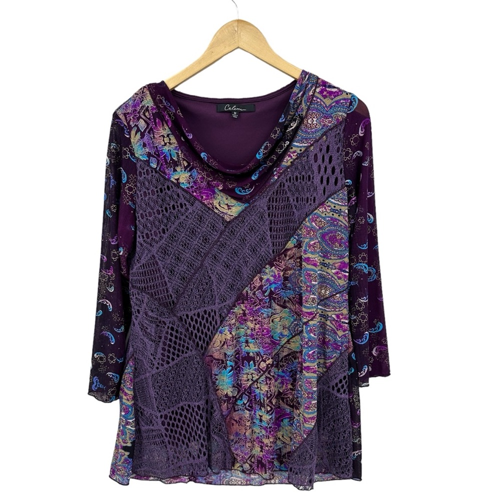 CALESSA Top Blouse with Sheer Sleeves Purple